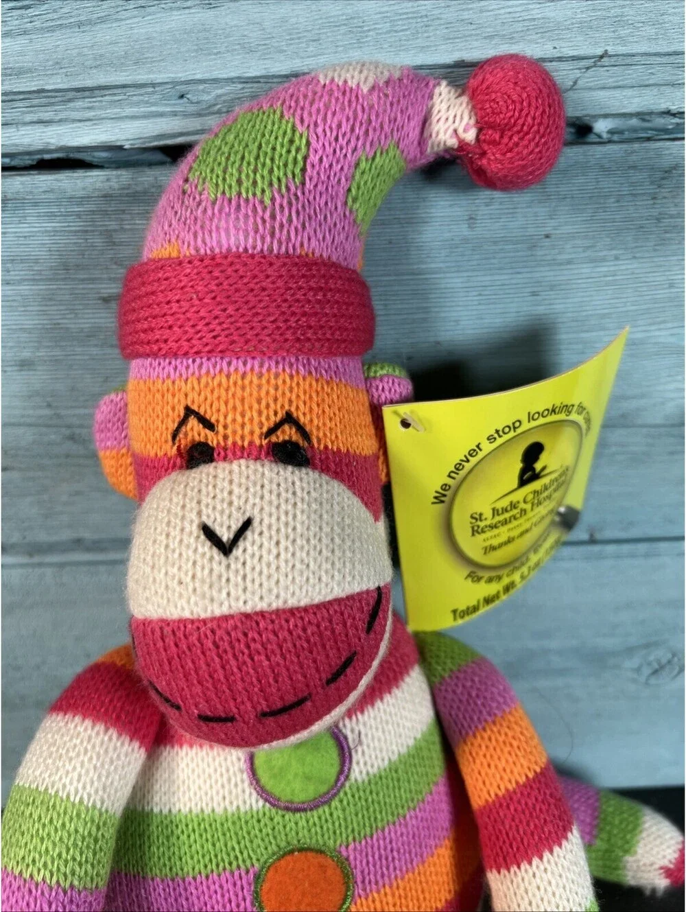 Sock Monkey Knit Pink Orange Green Stripe Clown Hat 20